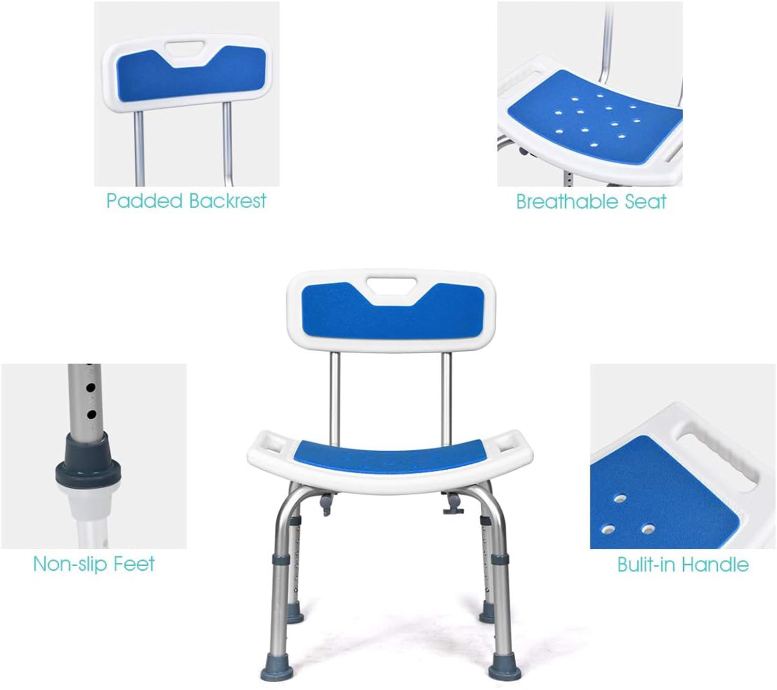 Silla De Ducha con Respaldo De Baño para Adultos Antideslizante Altura Regulable Ayuda para Baño para Ancianos Discapacitados Y Movilidad Reducida