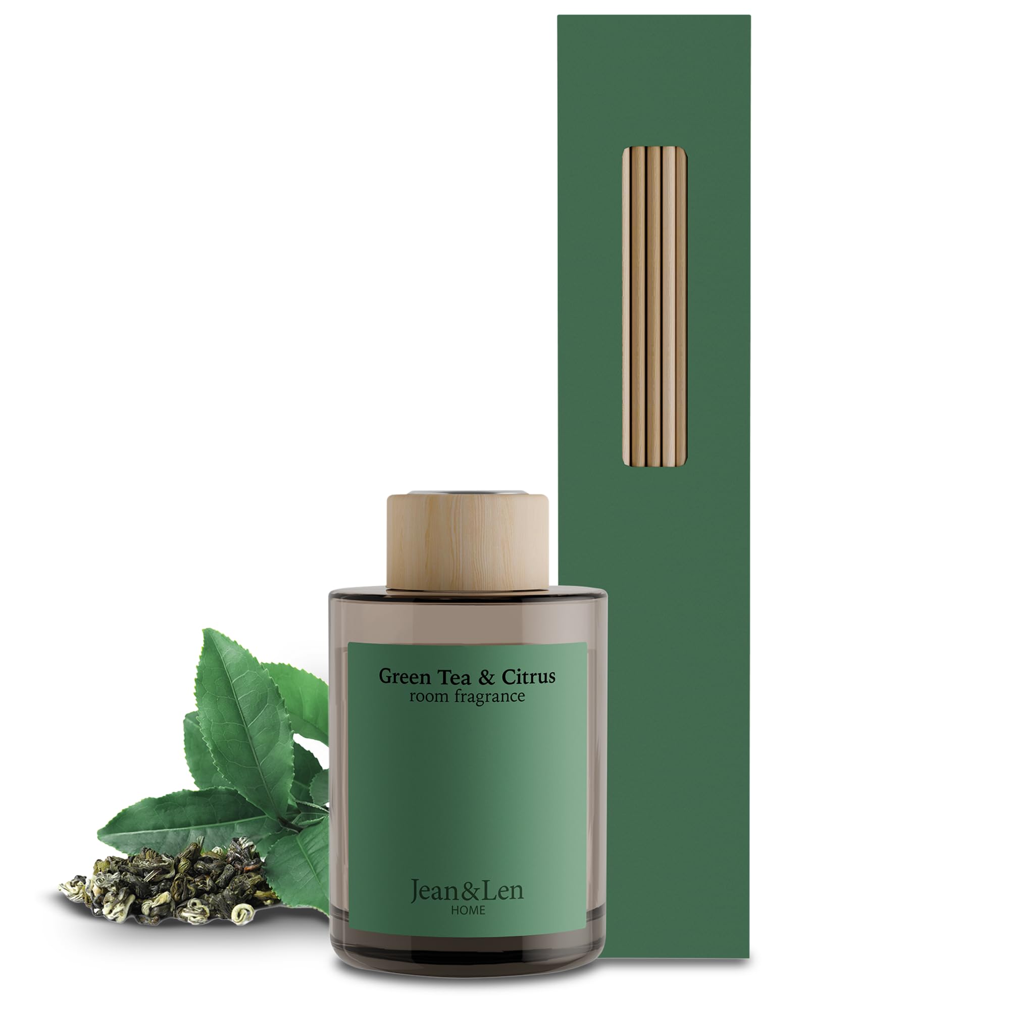 Jean & Len Scented Room Diffusor Green Tea & Citrus, profumo per ambienti con bastoncini in rattan, regala 6 settimane di piacevole esperienza olfattiva, combinazione rinvigorente, vegano, 100 ml | Bastoncini di rattan, 6 settimane di esperienza profumata