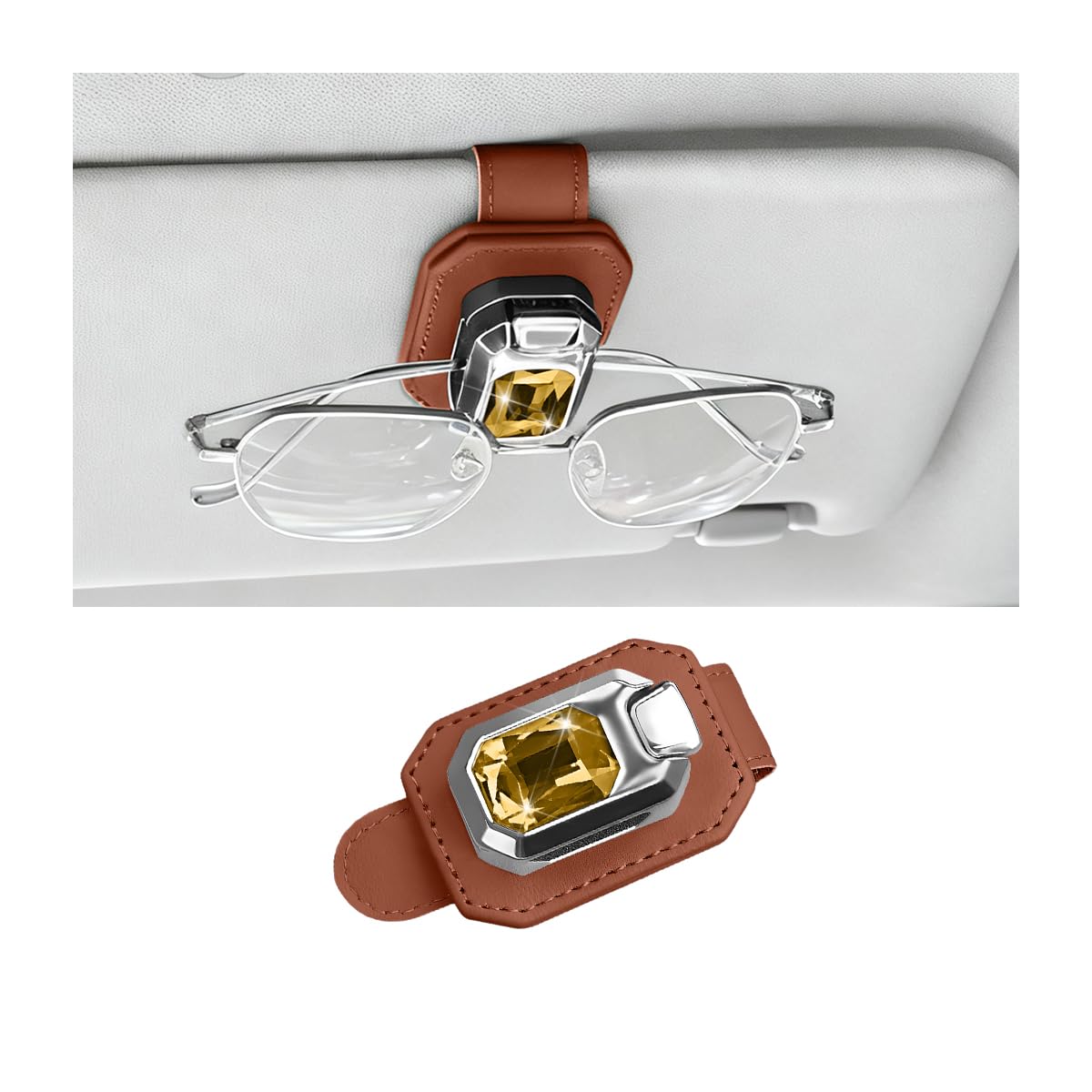 Bling Sunglasses Holders for Car Visor, Crystal Rhinestone Leather One Handed Operation Vehicles Sun Visor Glasses Clip, Automotive Interior Ticket Card Clip, Universal Fit (Orange)