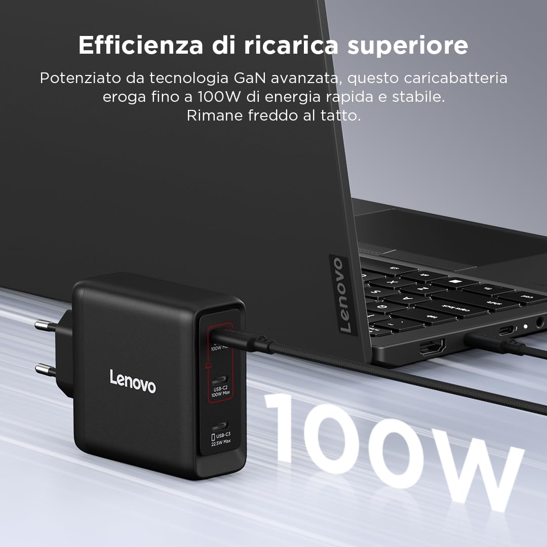 Lenovo Multi-port USB-C 100W GaN Charger, caricatore con 3 porte USB-C e output fino a 100W o 65W+20W+10W, per notebook e dispositivi mobili