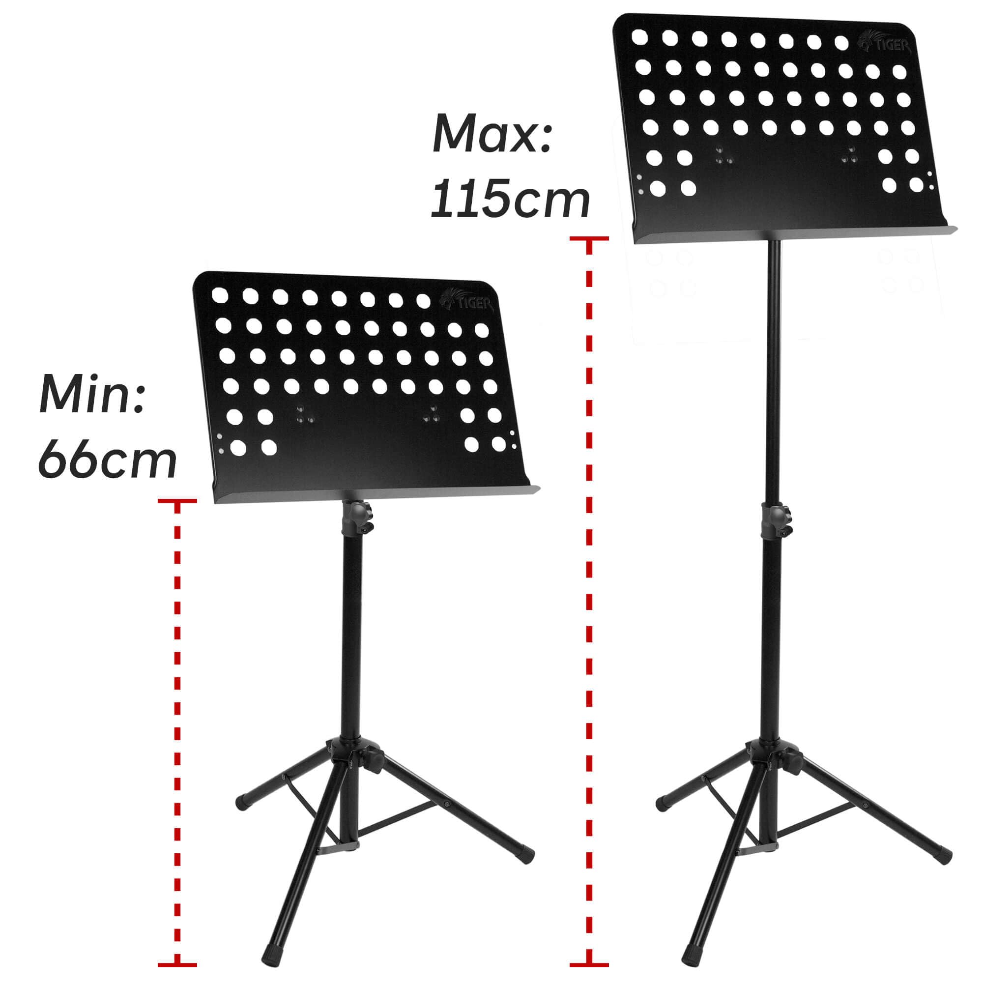 TIGER Pupitre Orchestre 2 Niveaux Réglable Noir | Pupitre 66–115cm, plateau 47,5x34cm avec rebord, inclinaison sans engrenage, rotation & base trépied pliable stable