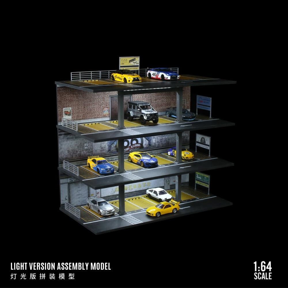 1:64 Diorama Garage Modello, Illuminazione LED 4 piani Parcheggio Scena Display Case, per 1:64 Diecast Modellino Auto Vetrina Modello, Edificio