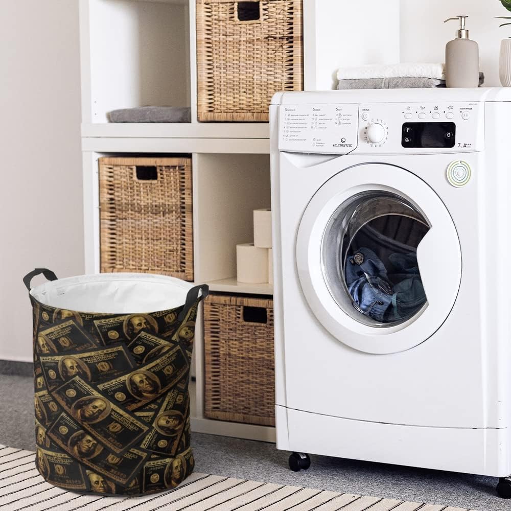 Cool Money Laundry Hamper Basket Black Gold 100 Dollar Bills Large Laundry Basket Waterproof Freestanding Laundry Hamper Collapsible Tall Clothes Hamper with Handles for Mens 19.7"x15.7"
