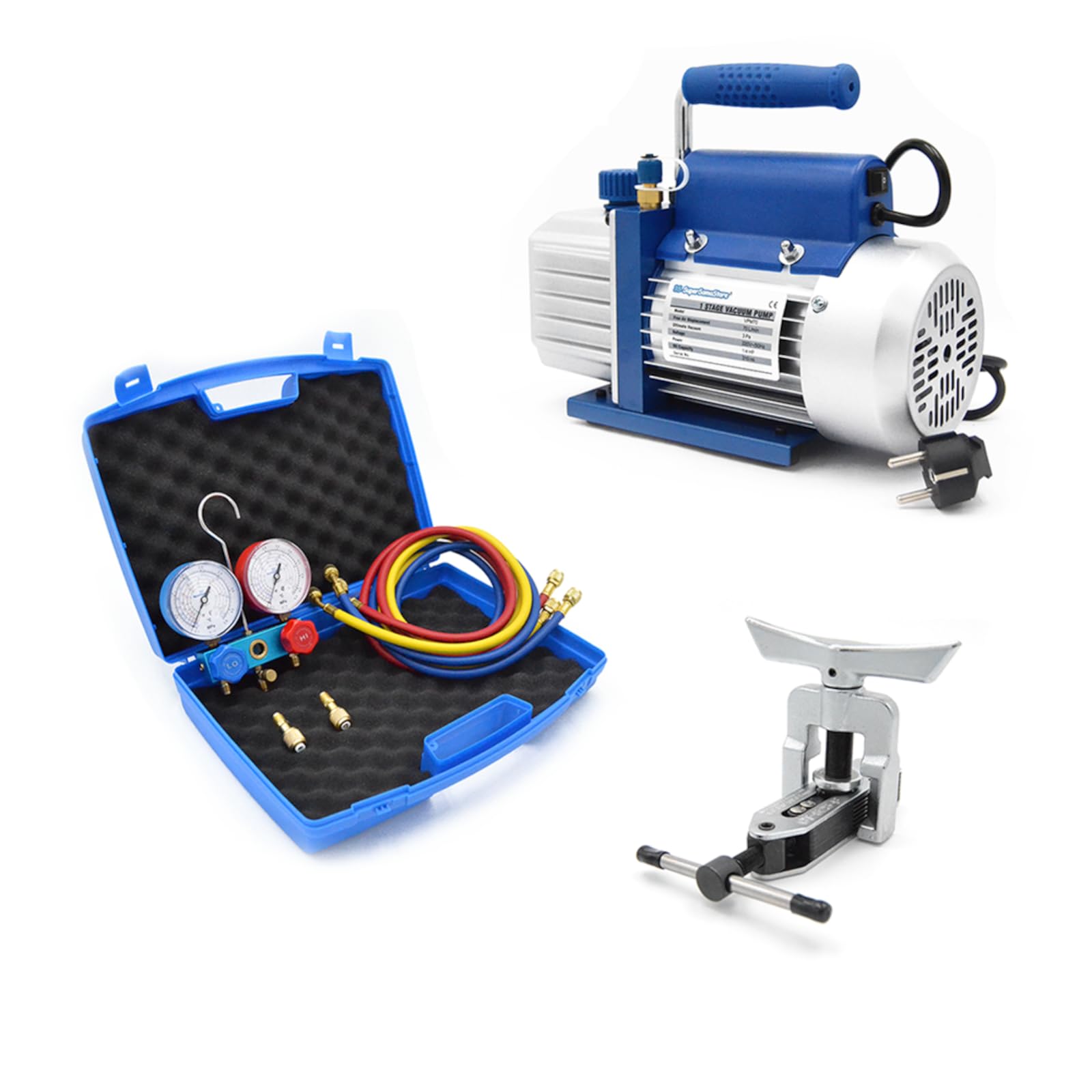 3S SuperSamaStore Kit Vakuumpumpe Einstufig 70 L/min mit Zweiventil-Manometer Multigas und Bördelwerkzeug 5/16"–1/2" für Installation und Wartung von Klimaanlagen