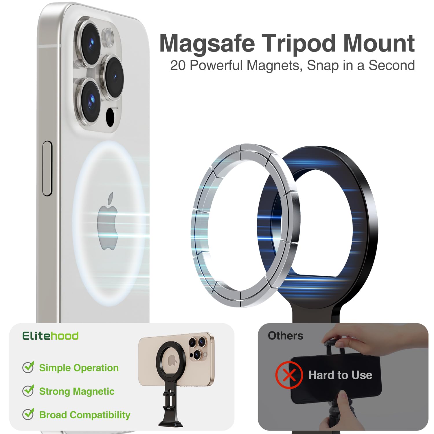 elitehood Supporto per treppiede in alluminio Magsafe, supporto compatto per iPhone con piastra a sgancio rapido Arca Swiss e adattatore a vite da 1/4", supporto magnetico per telefono compatibile con