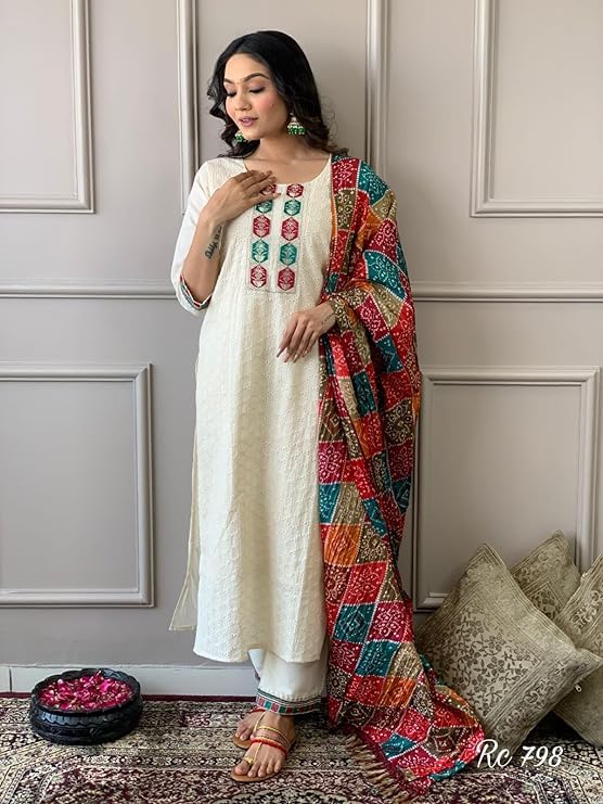Image of Preeson Women's Pure Cotton Chikankari Emrboidery Kurti With Pant And Dupatta Set