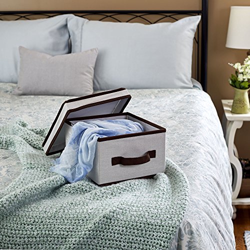 Household Essentials 511 Storage Box With Lid And Handle - Natural Beige Canvas With Brown Trim- Medium #TOP1