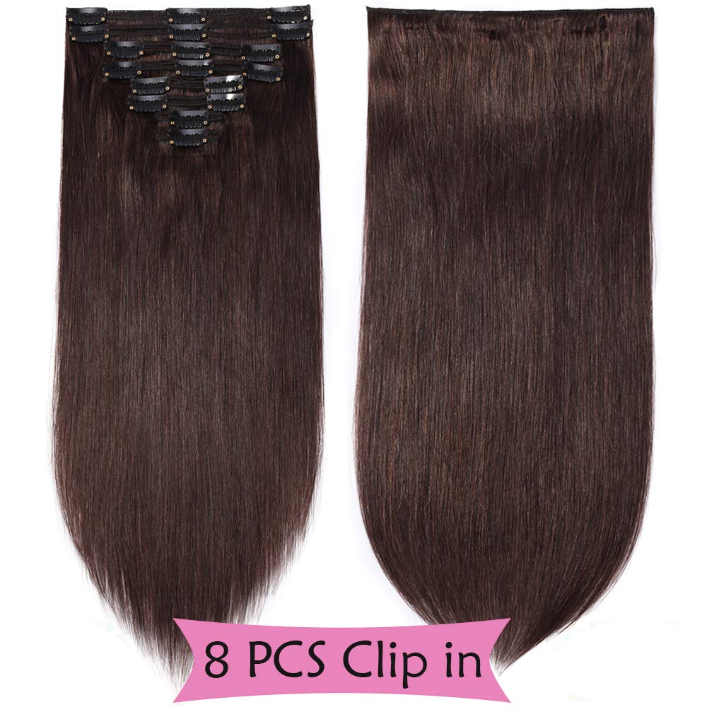 SEGO Extension Capelli Veri Clip Castano Lisci Volumizzante Double Weft 8 Fasce 100% Remy Human Hair Lunghi Umani 30cm 115g Testa Piena #2 Marrone Scuro