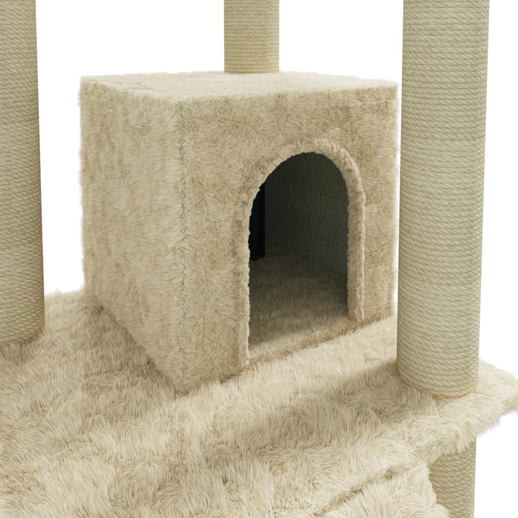Kratzbaum 155 cm Kletterbaum mit Sisalstamm und Höhle Creme | Stabiler Kletterturm fürs Wohnzimmer mitAussichtsplattform, Rampe und gemütlicher Katzenhöhle aus Plüsch.