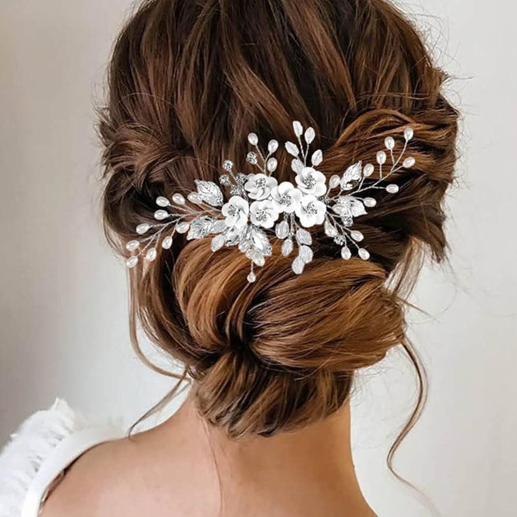 Shegirl Bridal Flower Hair Comb Silver Leaf Side Comb Wedding Pearls Crystal Hair Pieces Bridal Hair Accessories for Brides and Bridesmaids