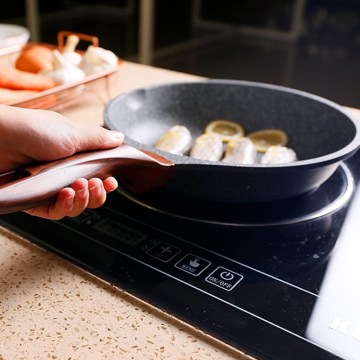 RIOVARM Antiaderente Set di padelle con coperchi Induzione Set di padelle con manico resistente al calore In granito Padella per omelette senza PFOA In marmo Set di pentole 20cm 24cm 28cm