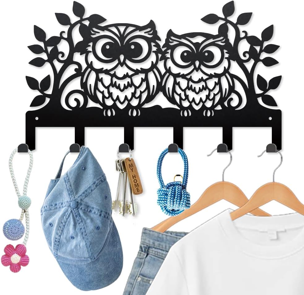 MAYJOYDIY Cartoon Owls Metal Key Hook Leaves Branches Coat Rack Wall Mounted 15.7×9.1inch Art Wall Decor Key Holder Organizer Rack with 6 Hooks for Gift Coats Hats Towels Bags Hanging