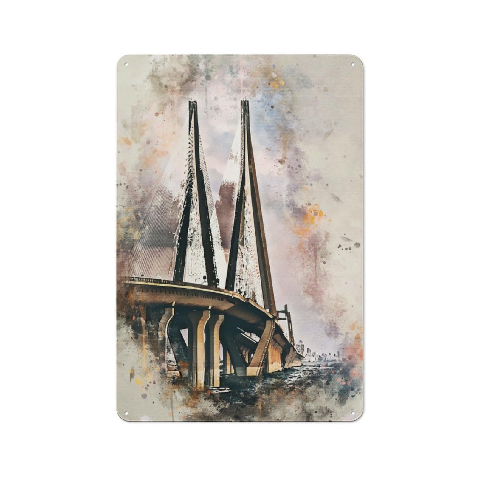 Junmoney Mumbai India Watercolor Industrial-Style Metal Plaque 30X20cm For Workshop Wall, For Vintage Wall Decor Fans, For Themed Room Decoration