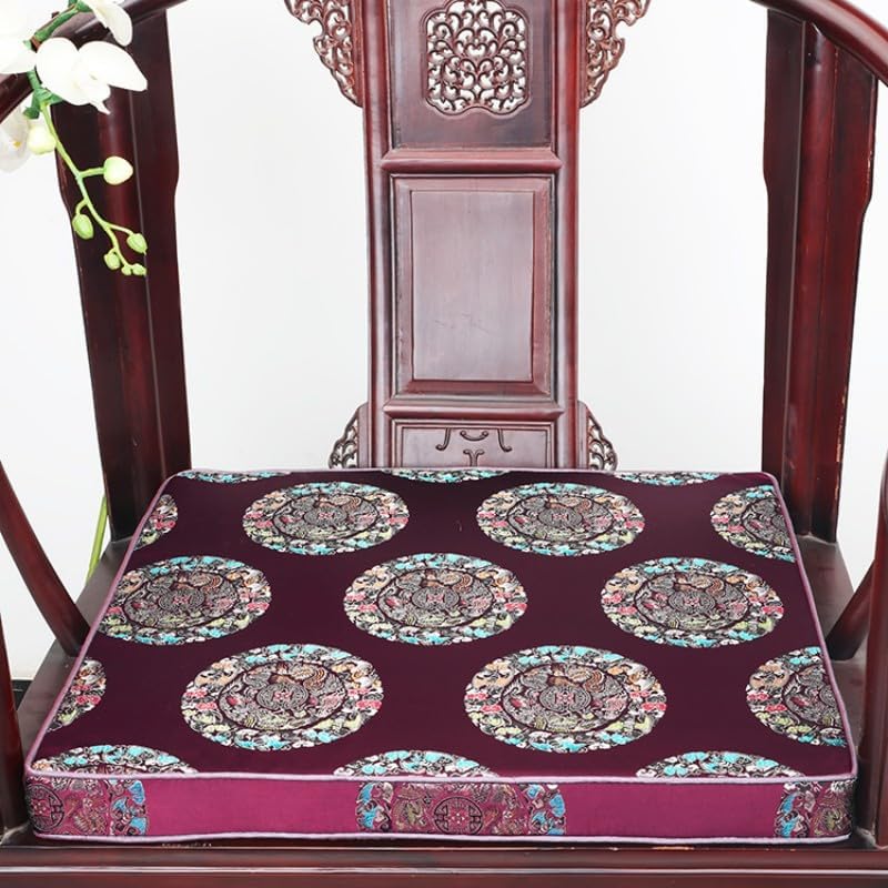 Custom Size Mandarin Style Plush Chair Cushions - Oriental Vintage Cloth Seat Pads for Dining Chairs,Sofa & Armchairs with Non-Slip Base (17.7x15x1.57 inch, Burgundy 5 Dragon)