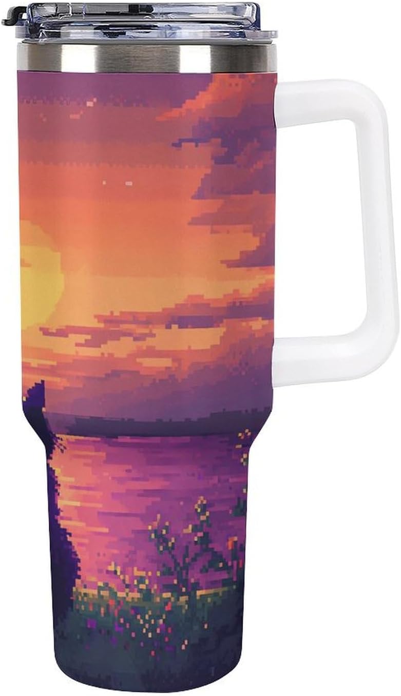 Digital Cat Enjoy The Sunset Tumbler with Lid and Straw 40 Oz Insulated Leak-Proof Water Bottle Travel Mug with Handle