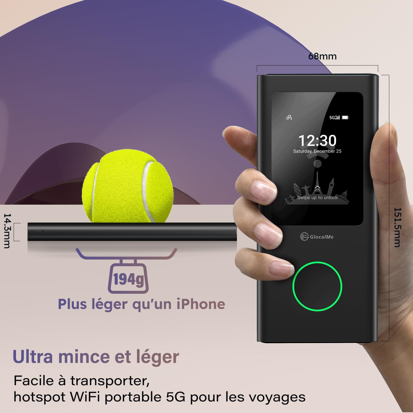 GlocalMe U50 Numen Air 5G Routeur WiFi Mobile, Bandes Fréquence Globales, Pas Besoin de Carte SIM, Prend en Charge 16 appareils, Batterie 5400 mAh, Point d'accès Wi-FI de Voyage ou Maison (Noir)