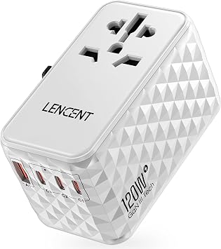 LENCENT 120W International Travel Adapter, Universal Travel Adapter with 1 QC USB-A & 3 PD3.0 Type C Power Adapter, Fast Charging for Phone,Laptops, All-in-One Outlet Adapter for USA/UK/EU/AUS, White