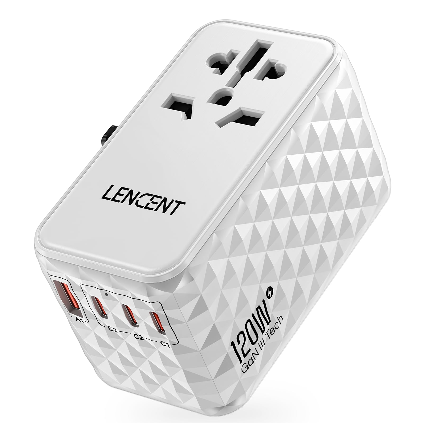 120W Universal Travel Adapter, GaN Travel Charger with 1 USB-A & 3 USB-C, International Travel Plug Outlet Adapter for UK/EU/US/AUS, PD Fast Charging for Laptops,Tablets,Phones, White