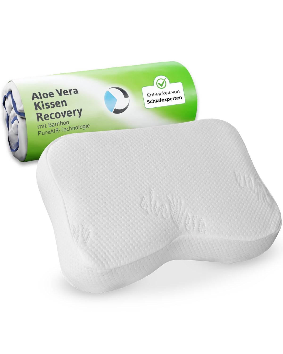 Nackenstützkissen Recovery mit pflegendem Aloe Vera Kissen-Bezug | HWS-Kopfkissen für aktive Hautpflege | Ergonomischer Visco-Schaum mit Bambus-Aktivkohle | Ideal für Allergiker | Gratis Reisetasche