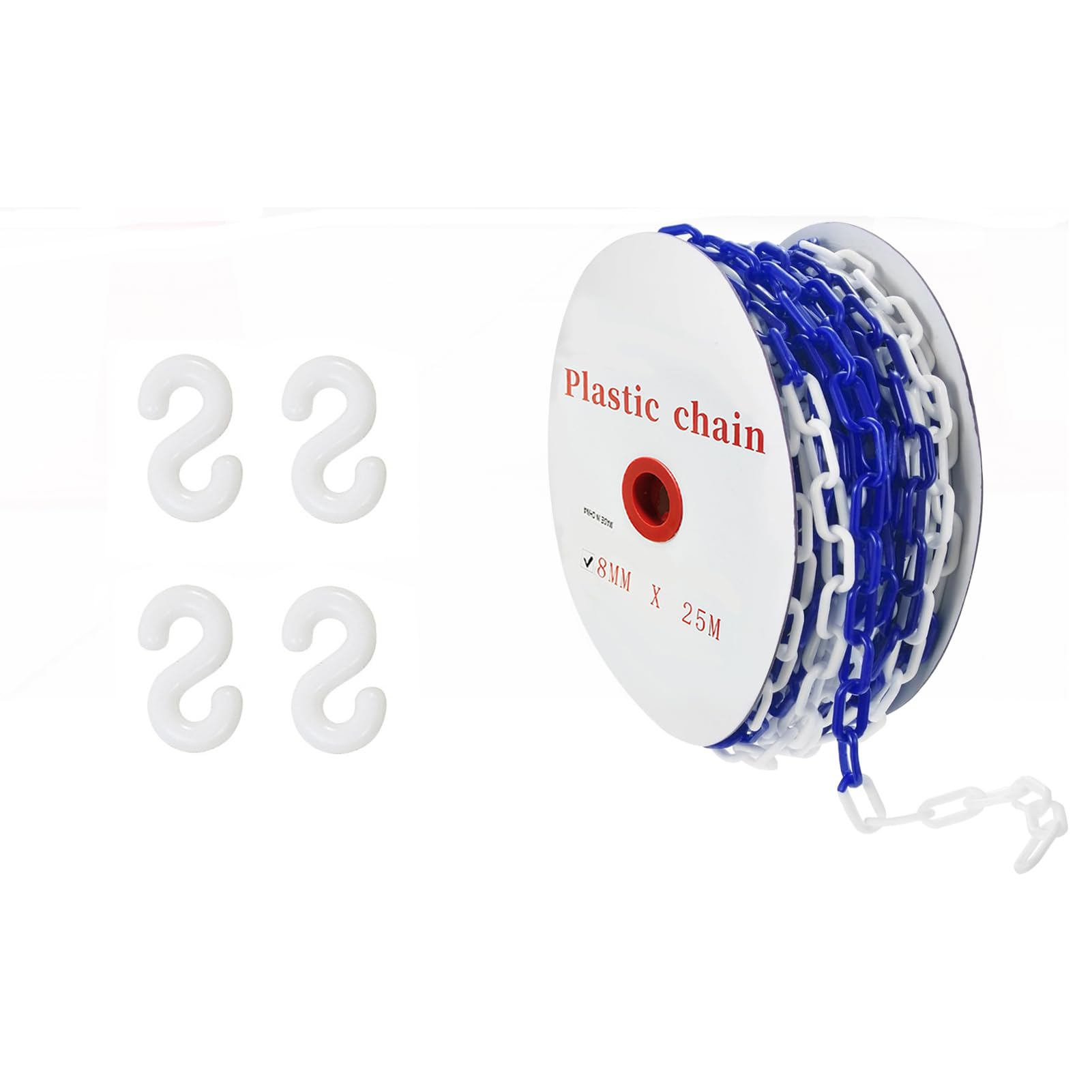 Chaîne de fermeture de 25 m, bleu/blanc, plastique, chaîne de fermeture de 8 mm, chaîne d'avertissement, chaîne en plastique avec 4 crochets en S, chaîne d'avertissement de sécurité en plastique pour