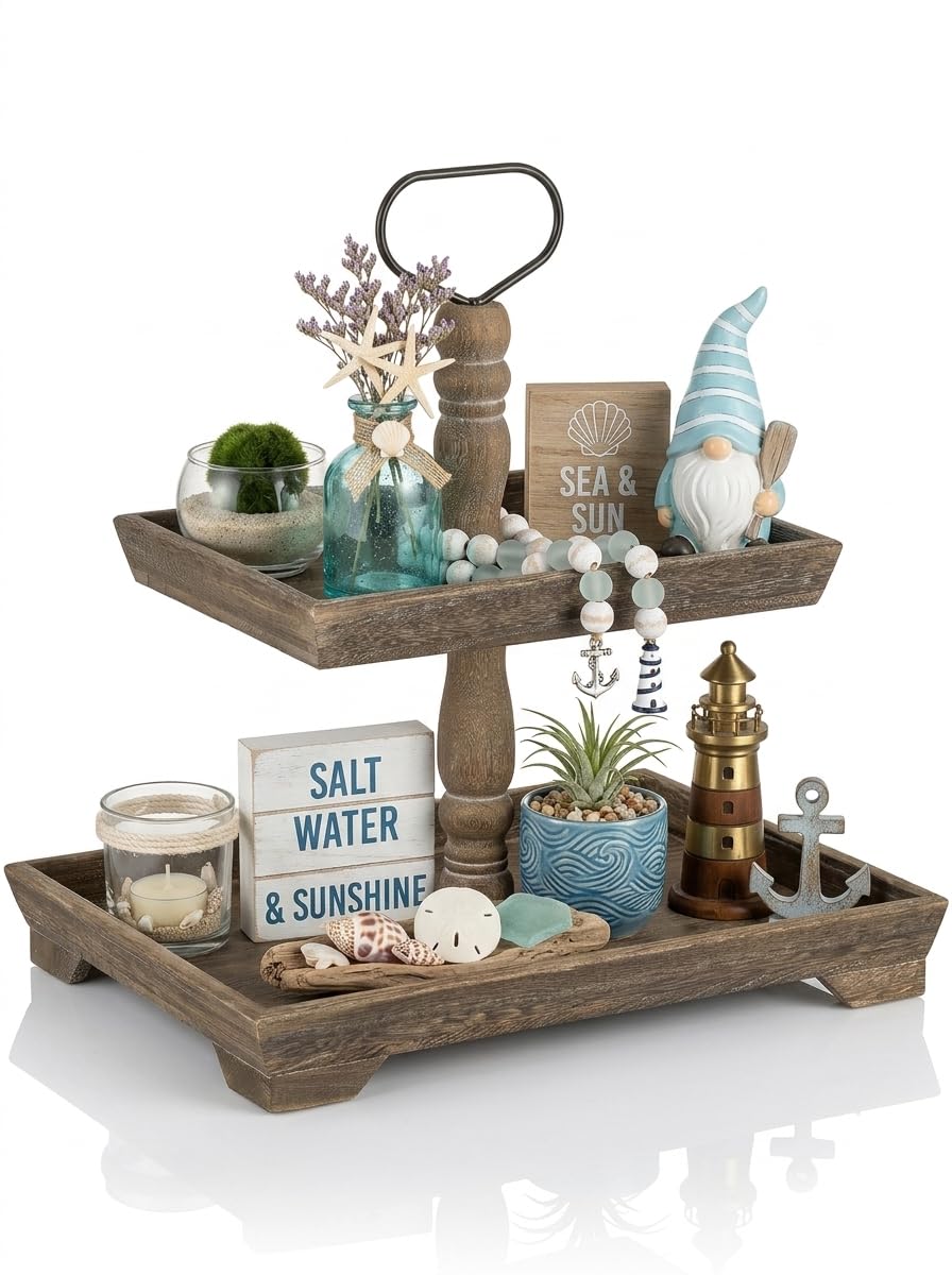 Hanobe Plateau Decoratif Bois de Service: 2 Etages Vintage Plateaux Rectangulaire Brun Vieilli pour Cuisine Ilot Central - Retro Plateau Decoratif Presentoir pour Table a Manger