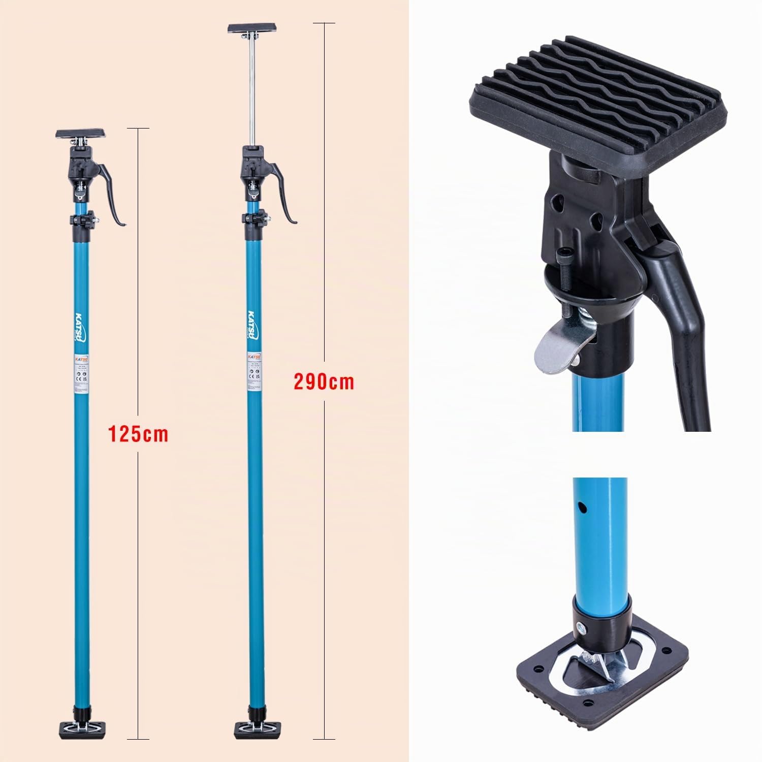 KATSU Tools Supporto telescopico per soffitto, confezione da 2, 125-290 cm, in acciaio, capacità di carico 40 kg, per posizionamento, tenuta e fissaggio di cartongesso