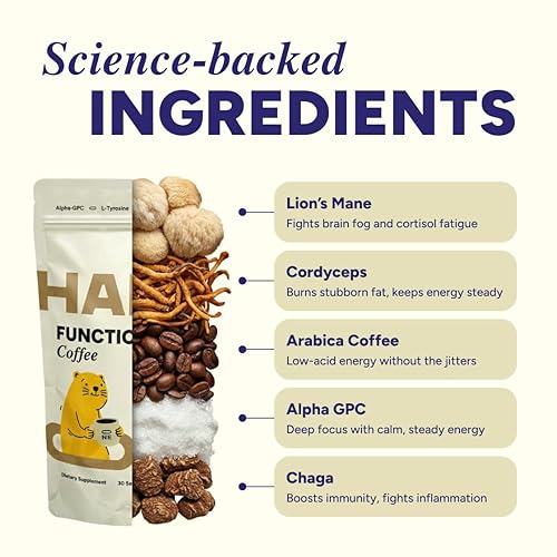 Miniatura 5 de HabitONE - Café orgánico de hongos instantáneos Arábica  Melena de León, Cordyceps, Reishi y Chaga  Alpha-GPC + L-Tirosina, B12 y B3  Mejor energía,