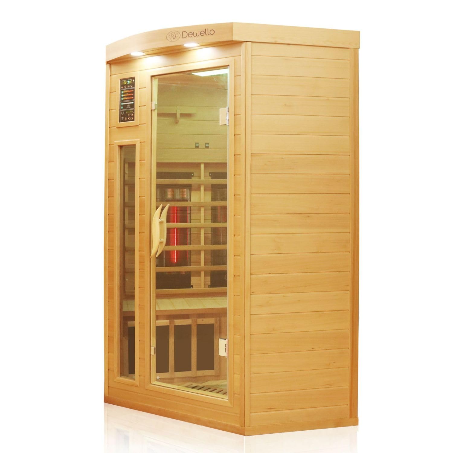Dewello® Infrarotkabine Infrarotsauna LAKEFIELD PRO 140x140 inkl. Duo Strahler, Vollspektrumstrahler, Bodenstrahler Hemlockholz & Zedernholz, LED-Farblicht, Bluetooth, FM,MP3,USB