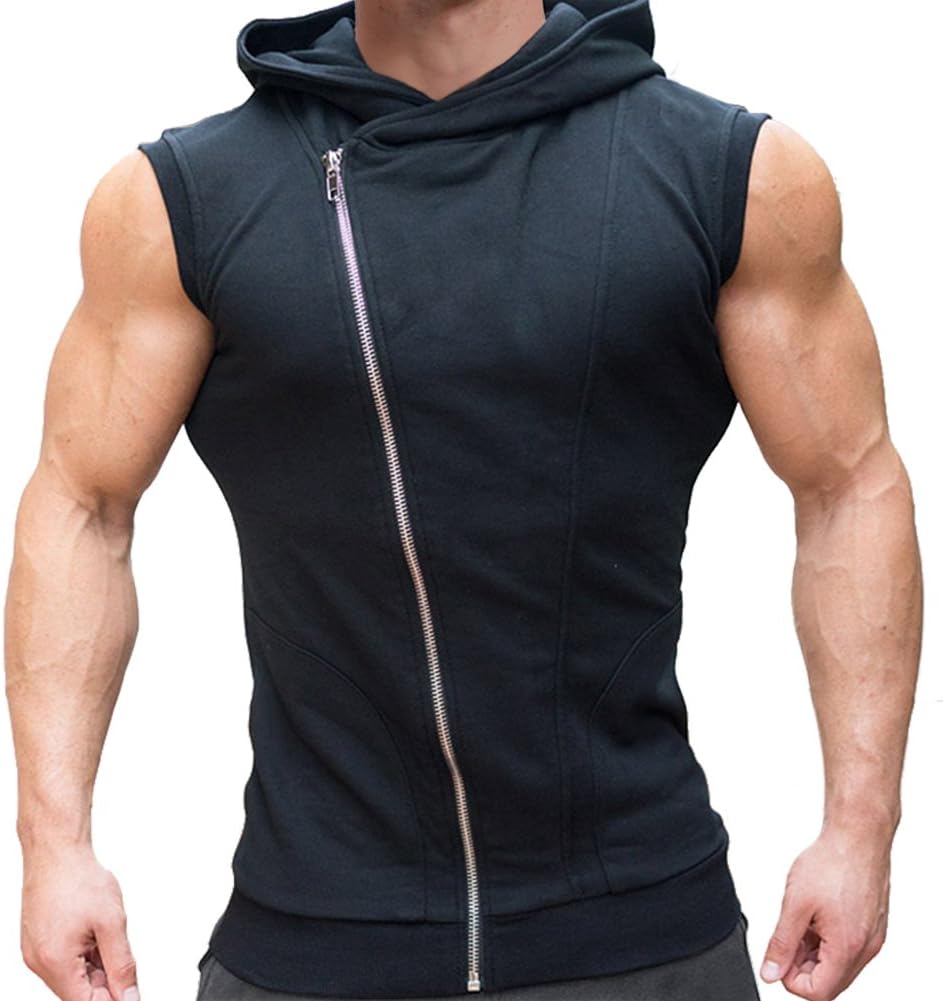 Men's Workout Gym Bodybuilding Muscle Sleeveless Hoodie(Black L/Tag 2XL)