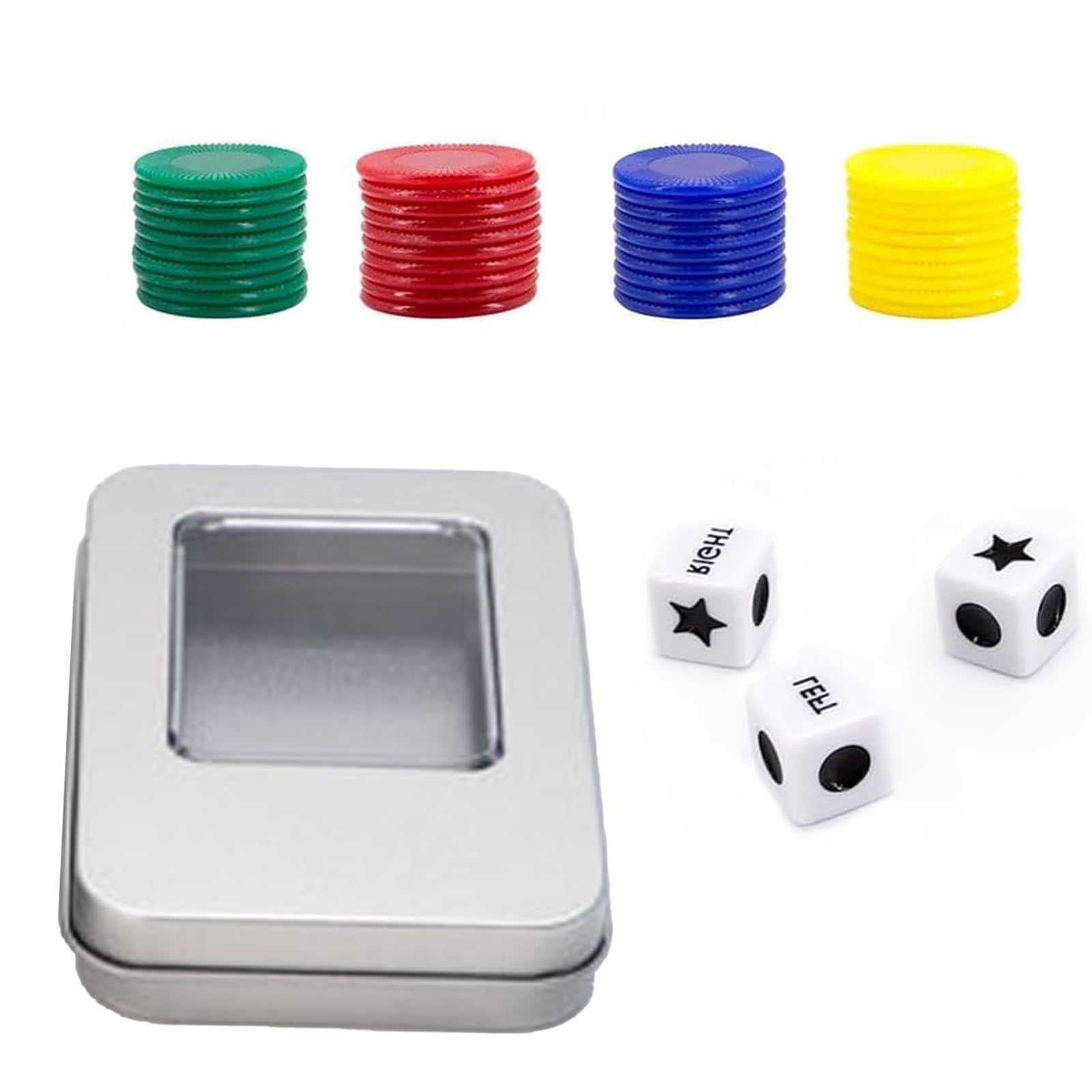 XZSKD Left Right Centre Dice Game, Contains A Total of 40 Sunflower Chips, 3 Pentagram Dice, And A Square Half Windowed Dice Game, Suitable for Camping Games for Families