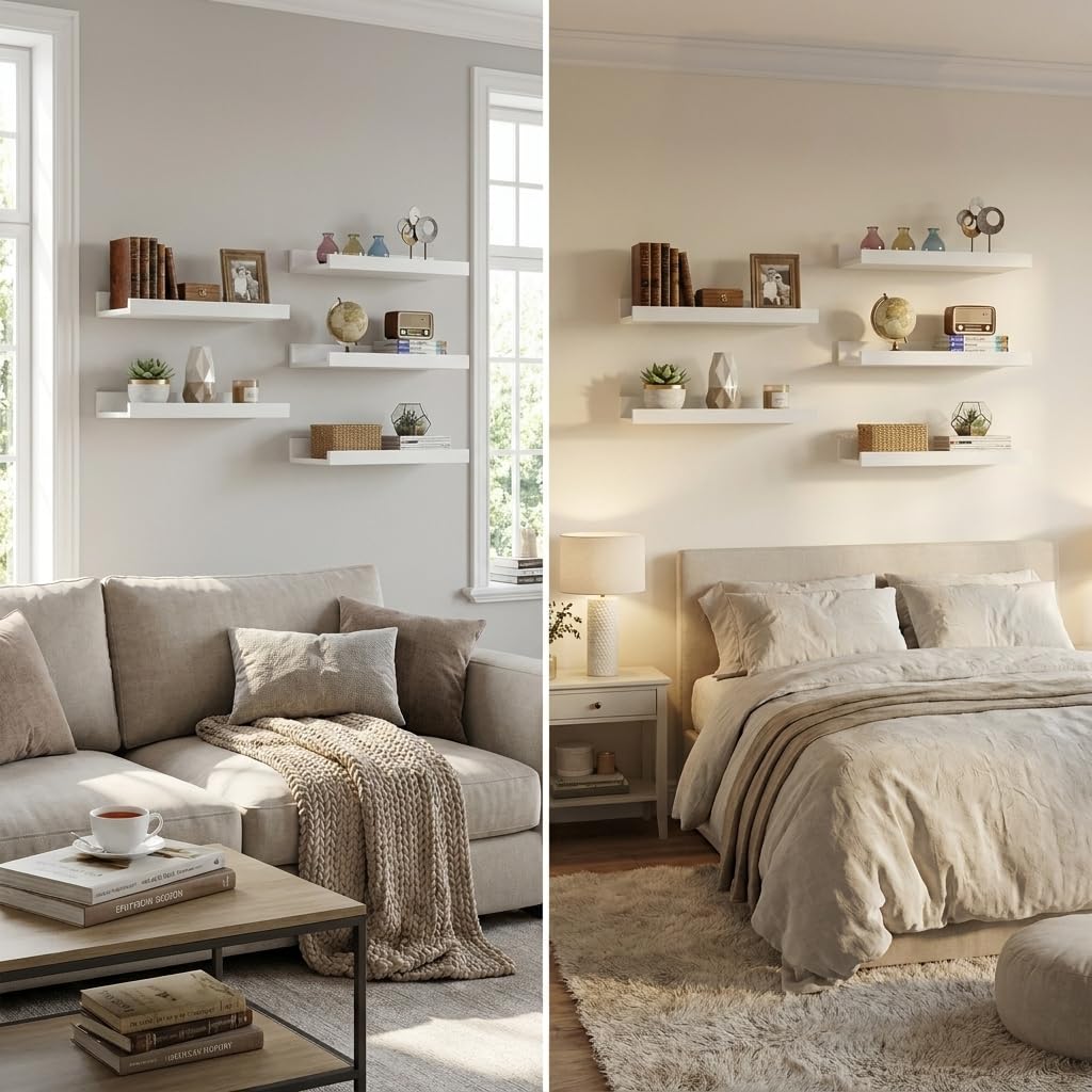 Wandregal 7er Set Weiß 60 cm – Schweberegale für Bücher & Dekoration – Perfekt für Wohnzimmer & Essbereich