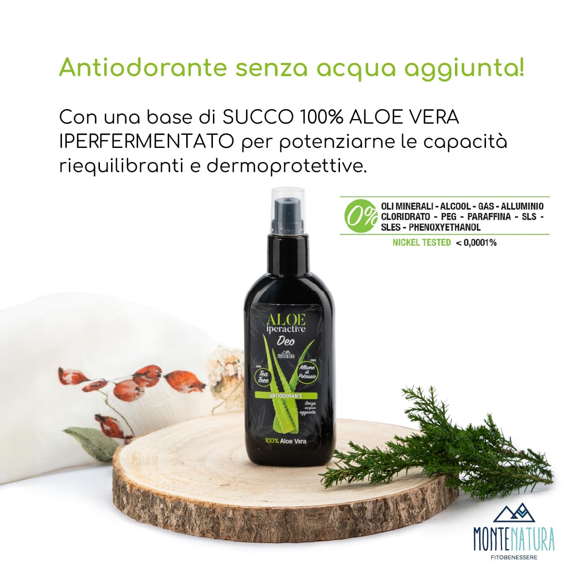 MONTENATURA® Aloe iperActive DEO Spray Naturale | Antiodorante Deodorante spray con 100% Aloe Vera iperfermentato | Senza Gas, No Alcool, per Pelli Sensibili, Anti-Odore Lunga Durata, 100 ml