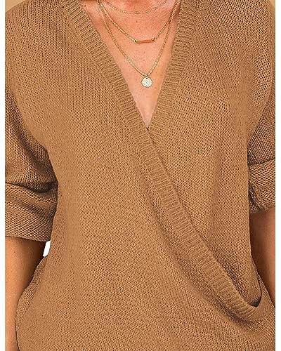 Image of LookbookStore Women's Knit Long Sleeve Faux Wrap Surplice V Neck Sweater Top