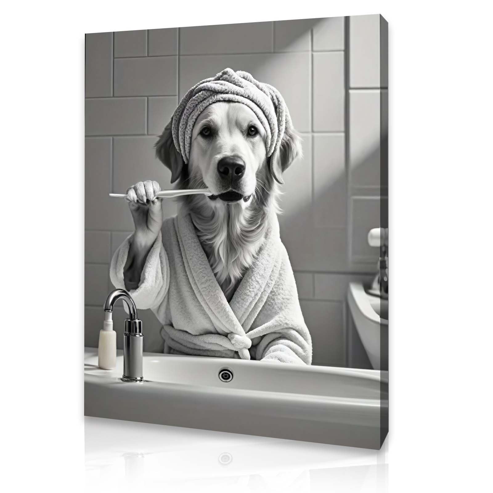 Qiukoo Bathroom Wall Art with Wooden Frame and Hanging Hooks, Funny Dog Brushing Teeth Canvas Print