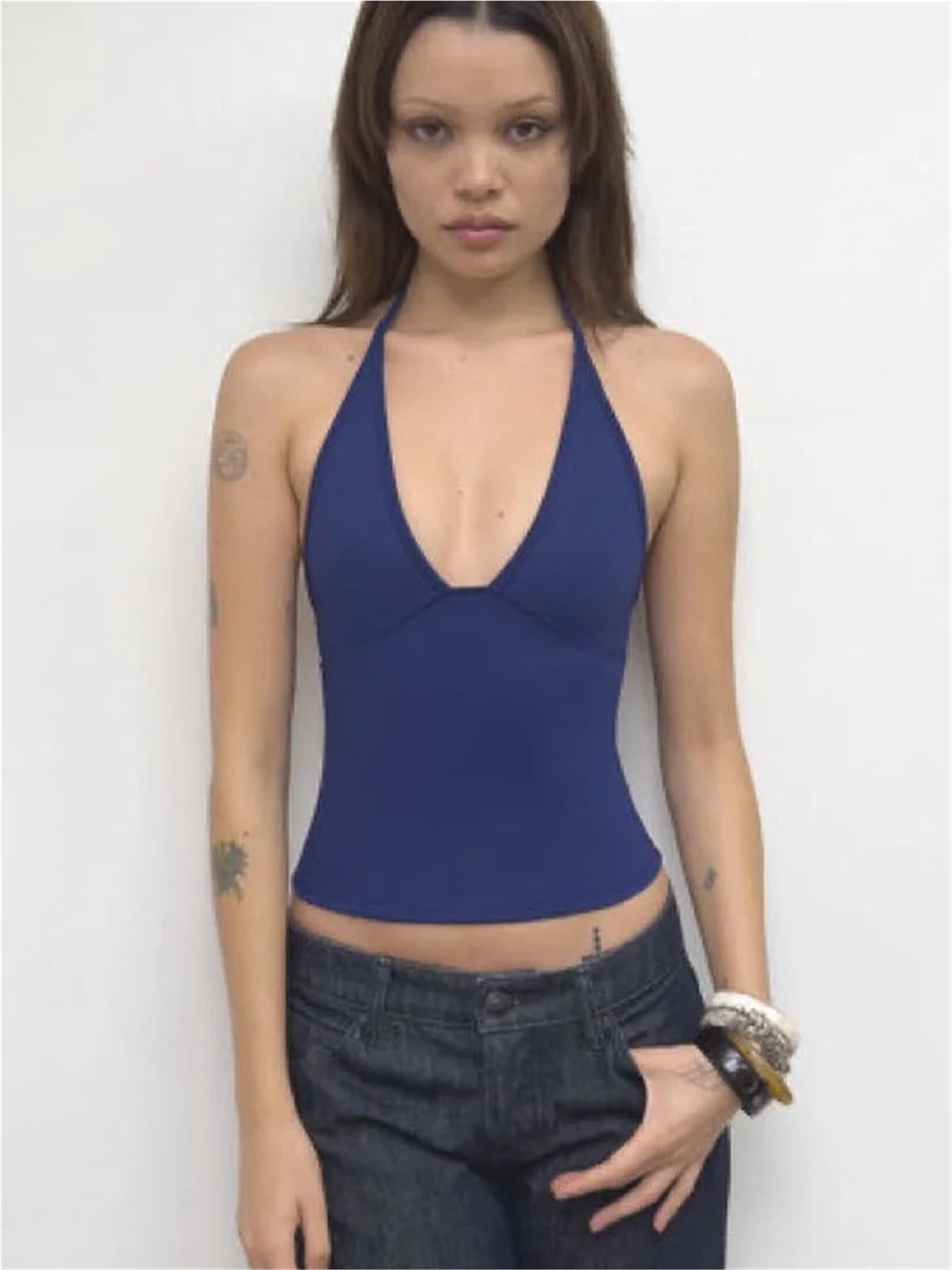 Top Halter Mujer Top sin Espalda Cuello en V Profundo Sin Mangas Diseño Slim Fit Mezcla de algodón y Nailon Prendas Abrigo Verano