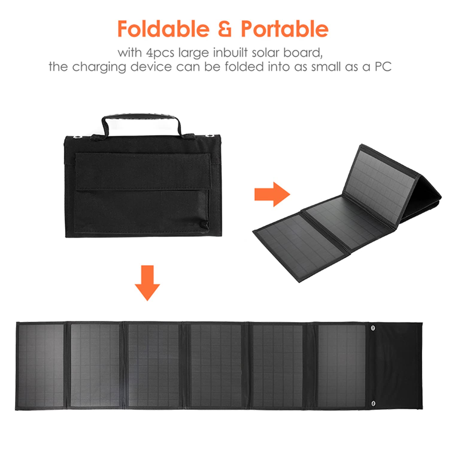 Dispositif de Charge Solaire Pliable Portable, kit de Chargeur Solaire, Sac Pliable pour Panneau Solaire 100 W, Sortie USB + DC, Plus de Puissance, Design Compact, pour Le Camping, la randonnée
