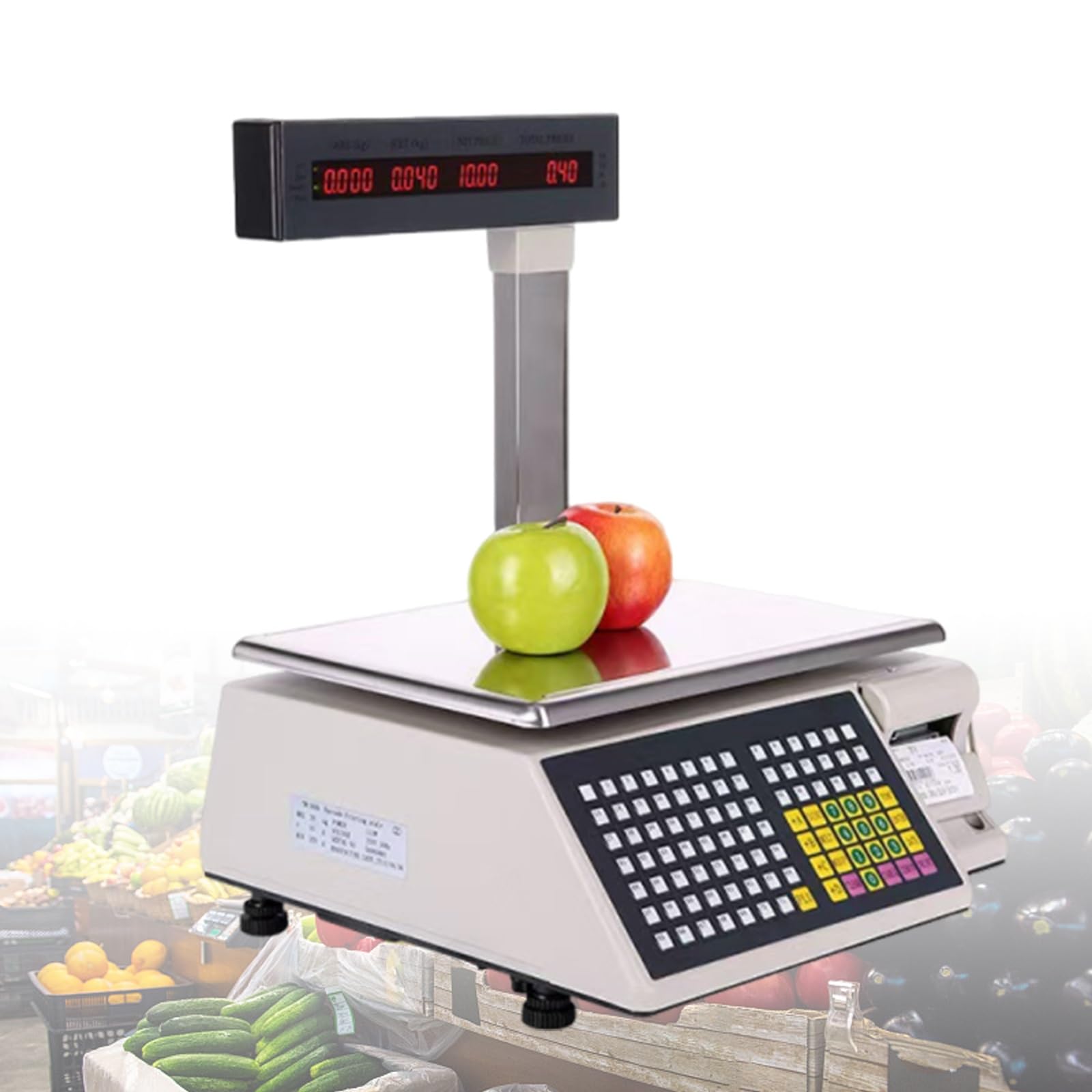 Profesjonalna Waga Sklepowa z Drukarką Paragonów, Elektroniczna Waga Kalkulacyjna Ceny do Sklepu Rybnego, Dwustronny Ekran Cyfrowy, Maksymalny Udźwig 30kg(15kg/5g)