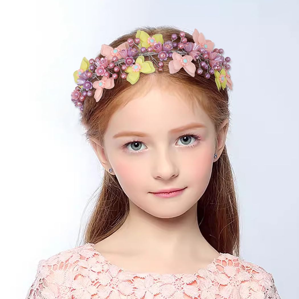 IYOU Princess Wedding Headband Purple Butterfly Hair Bands Pearl Communion Bridal Hair Accessories for Girls - Image 3