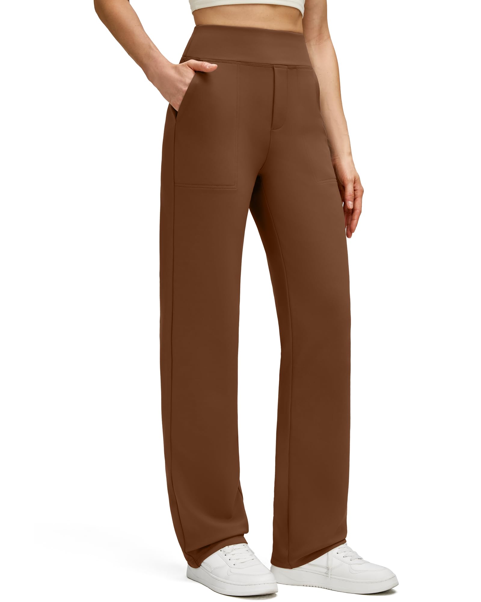 g4free Women's Fleece Lined Straight Leg Pants Winter Thermal Work Trousers with Pockets, Dark Coffee, Medium-picture-53