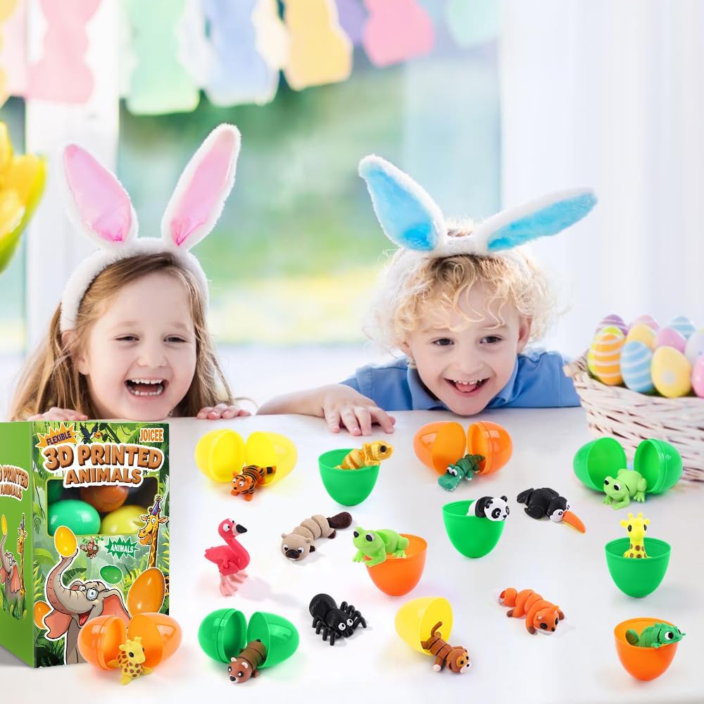 JOICEE 24 PCS Prefilled Easter Eggs with 3D Printed Animal, Jungle Forest Animal Figurines Flexible Articulated Fidget Toys Set for Kids Easter Egg Hunt Basket Stuffers Party Favors