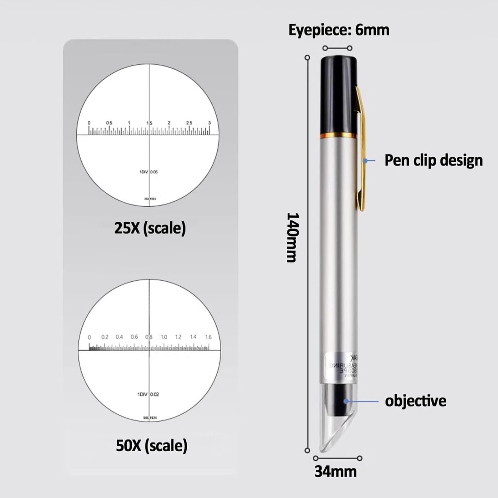 Microscopio de aumento 25X/50X, lupa de mano HD con escala, ocular de 6 mm, diseño de clip de bolígrafo, lente óptica antirreflectante, para evaluación de joyas, textiles, impresión, 25X