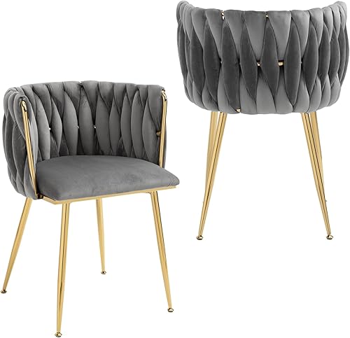 Nrizc Juego de 2 sillas de comedor tejidas, tapizadas de terciopelo con patas de metal dorado, sillas modernas para sala de estar, comedor, cocina