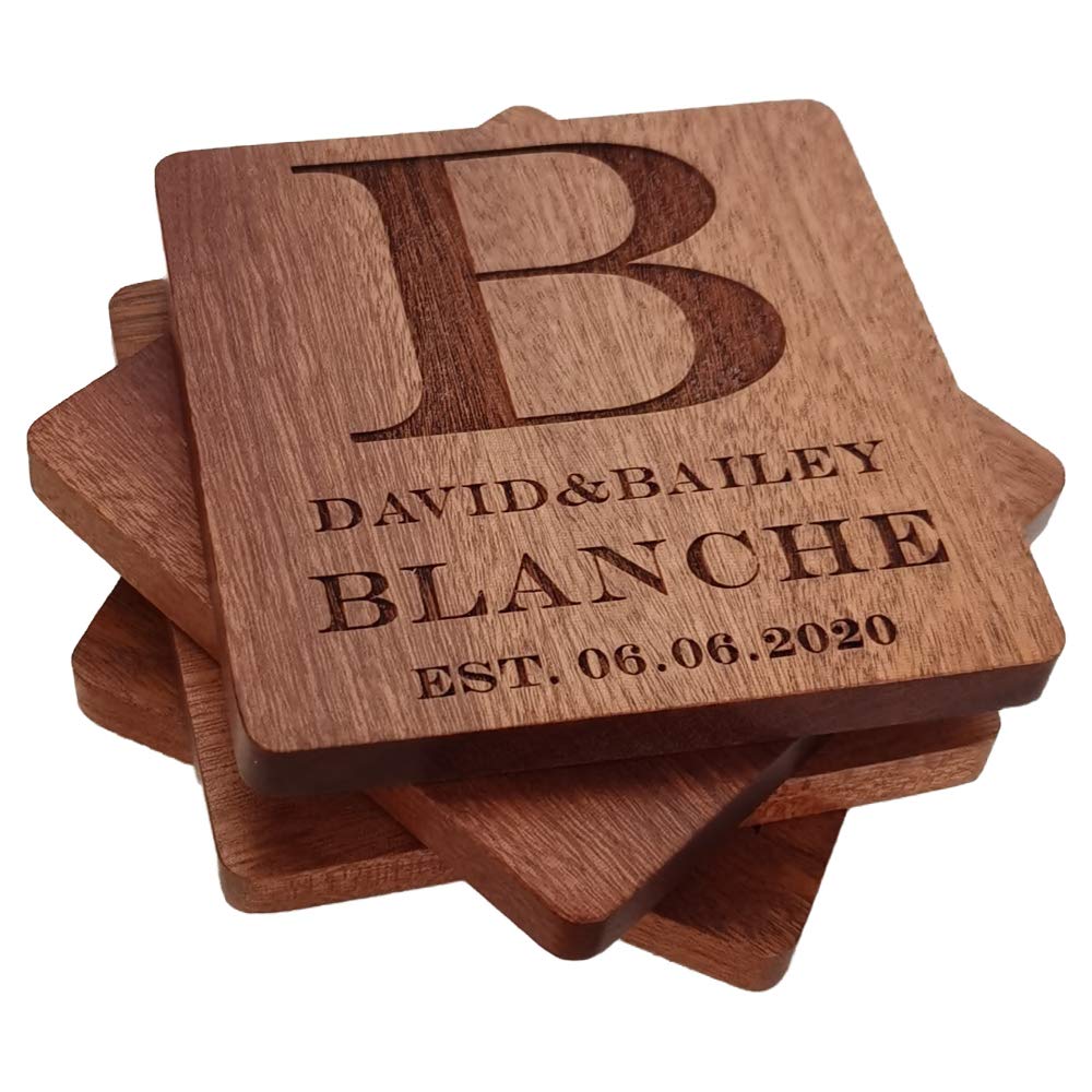 Bulihan B Personalized Coasters, Custom Engraved Wood Coasters For Drinks, Monogram Coasters With Holder, Wedding Gifts, Parents Gifts (B)