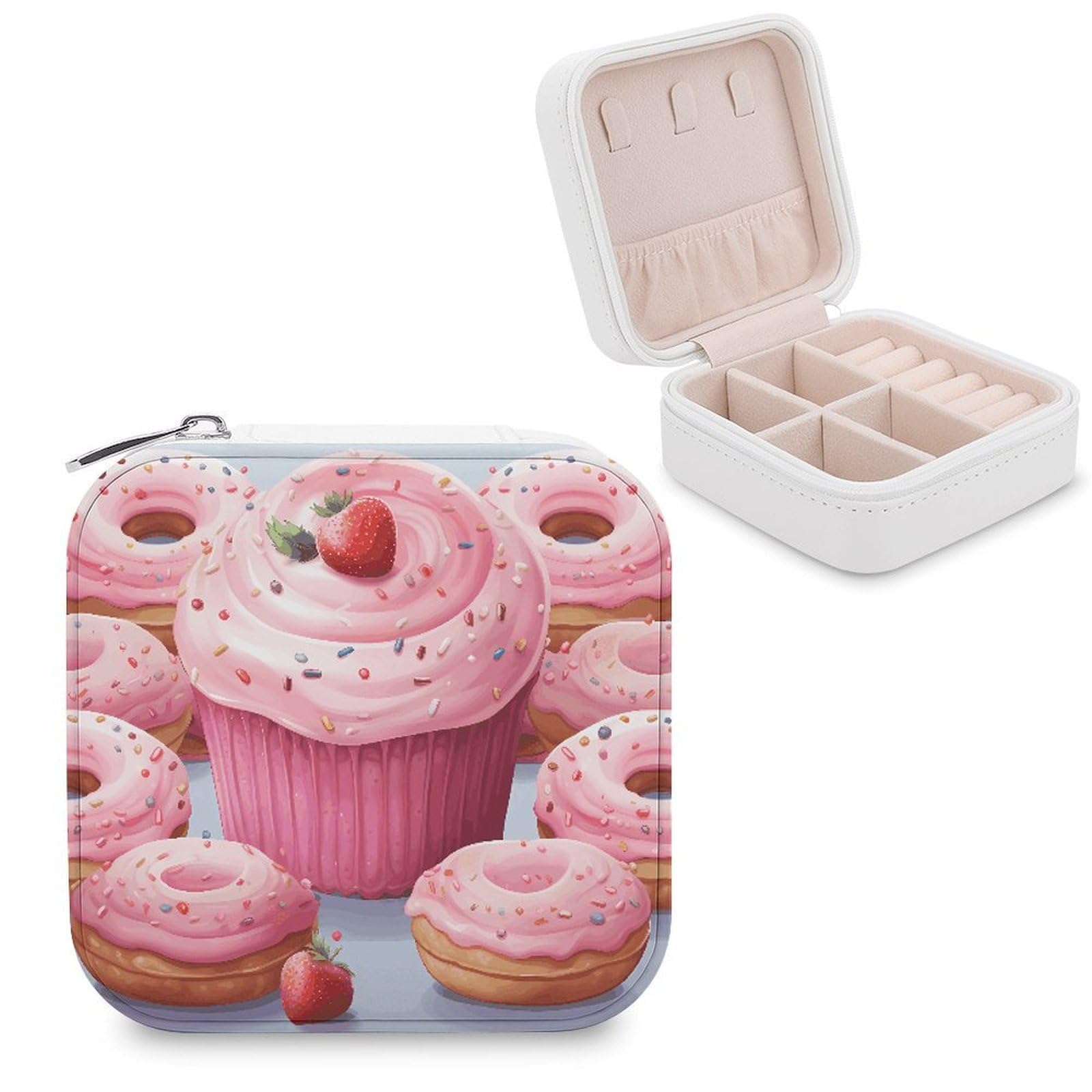 VstaDank Pink Donut And Cupcake Jewelry Box Exquisite Leather Jewelry Organizer Portable Trinket Organizer Fashion Travel Jewelry Case for Rings Earrings Necklaces Unique Gifts for Women