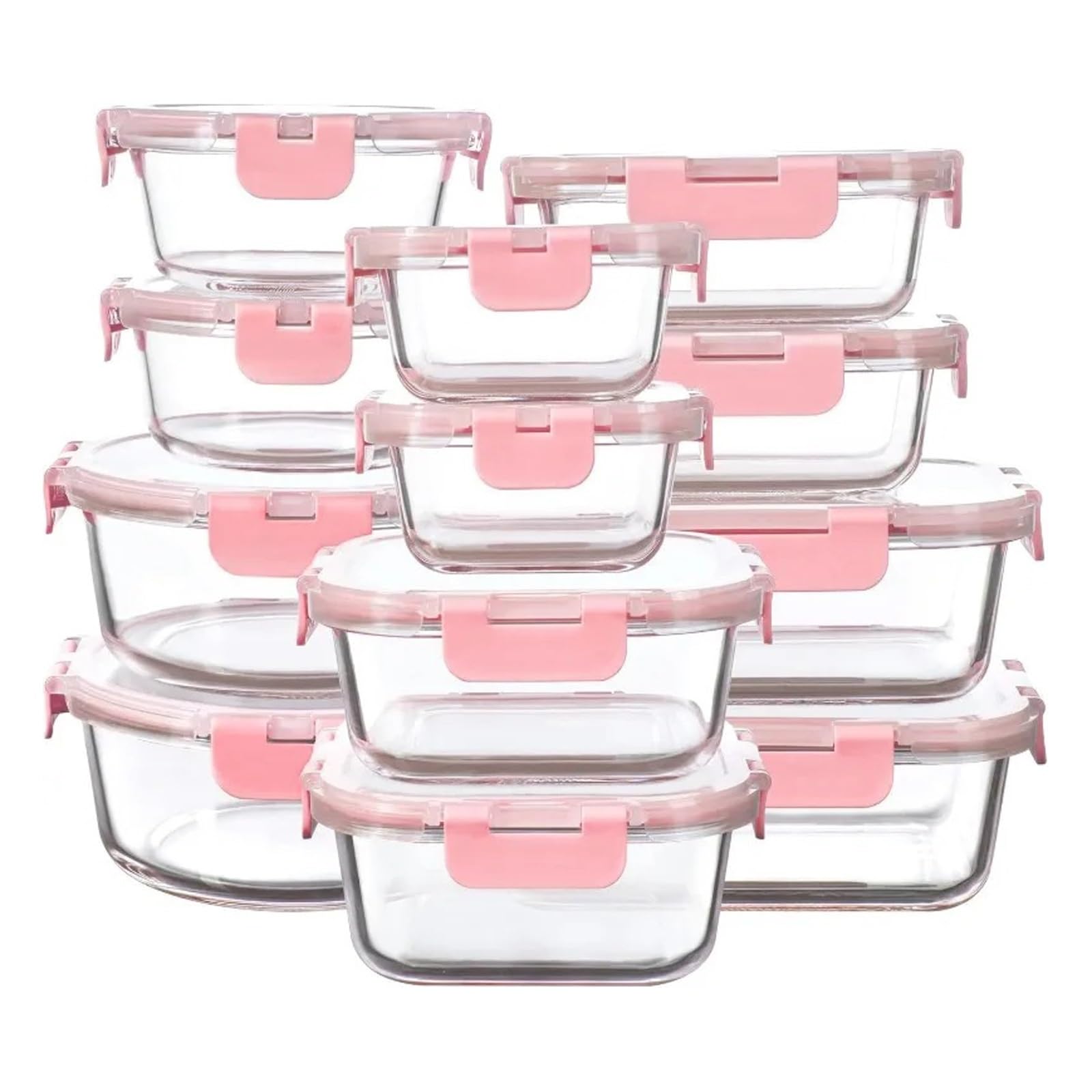 Glasbehälter mit Deckel, auslaufsicher, spülmaschinenfest, mikrowellengeeignet, gefriergeeignet, ideal für Mahlzeiten, Lebensmittelaufbewahrung, Pink, 12 Stück