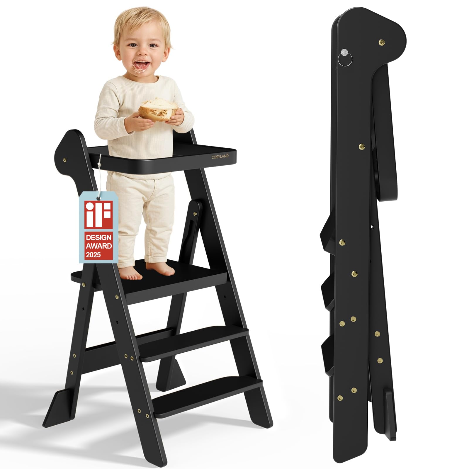 Torre Montessoriana Pieghevole COSYLAND – 2 Altezze Regolabili, Salvaspazio, Per Cucina E Bagno (Nero/Naturale)