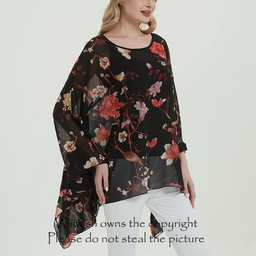 Wiiiwish Women's Loose Solid Long Batwing Sheer Chiffon Caftan Wrap Poncho Tunic Top Topper - Image 4
