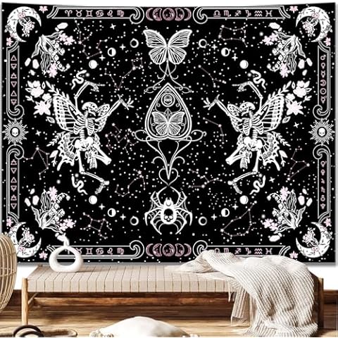 KJHL Skull Butterfly Floral Tapestry Black and White Gothic Skeleton Tapestry Wall Hanging Decor Pink Constellation Witchy Tapestries Aesthetic for Bedroom Living Room(59ʺ x 79ʺ) Cover