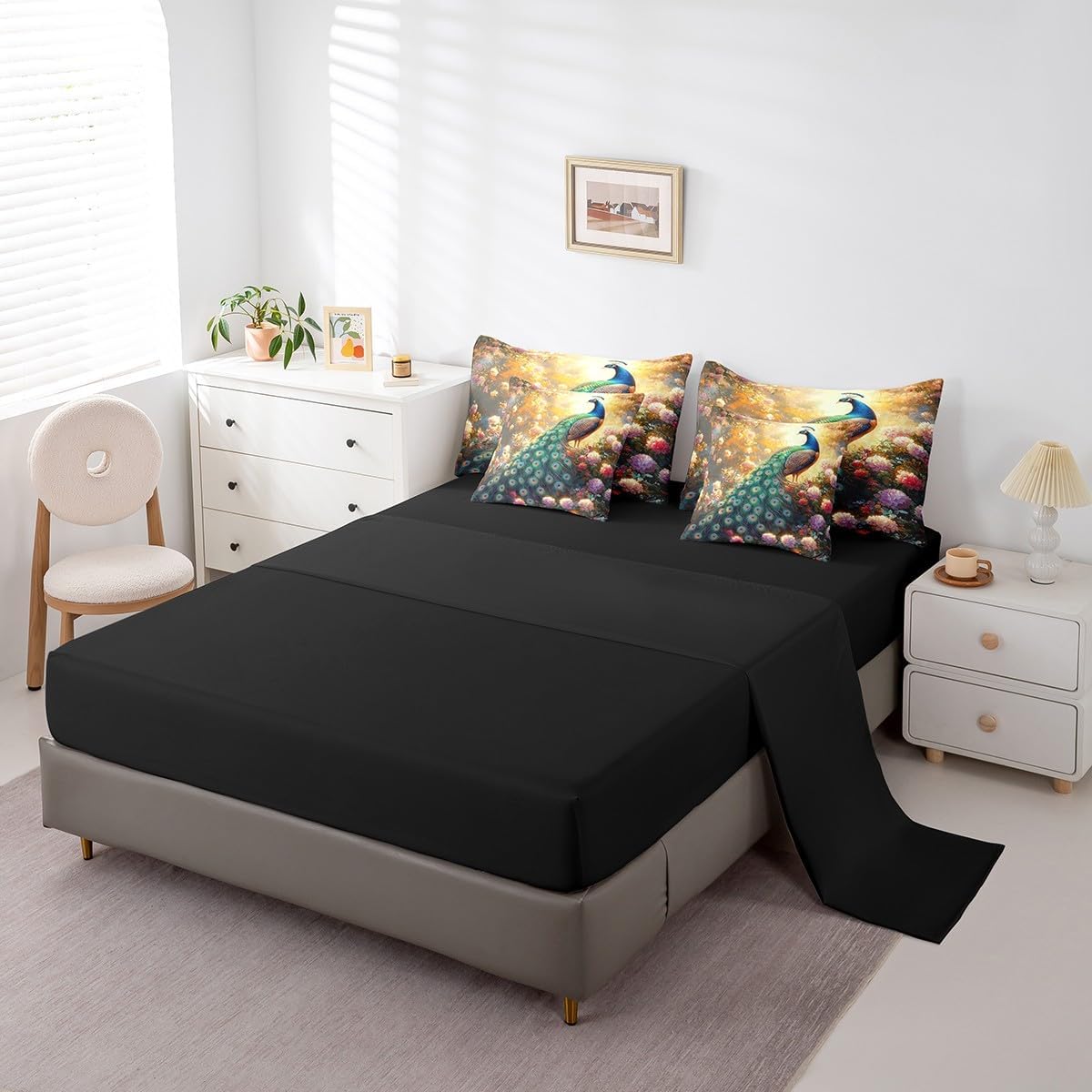 Erosebridal Floral Peacock Queen Comforter Set 7 Piece Garden Bird Animal Bedding Set for Kids Boys Girls,Luxuriant Teal Peacock Feather Bed in A Bag Flowers Plants Woodland Wildlife Bed Set