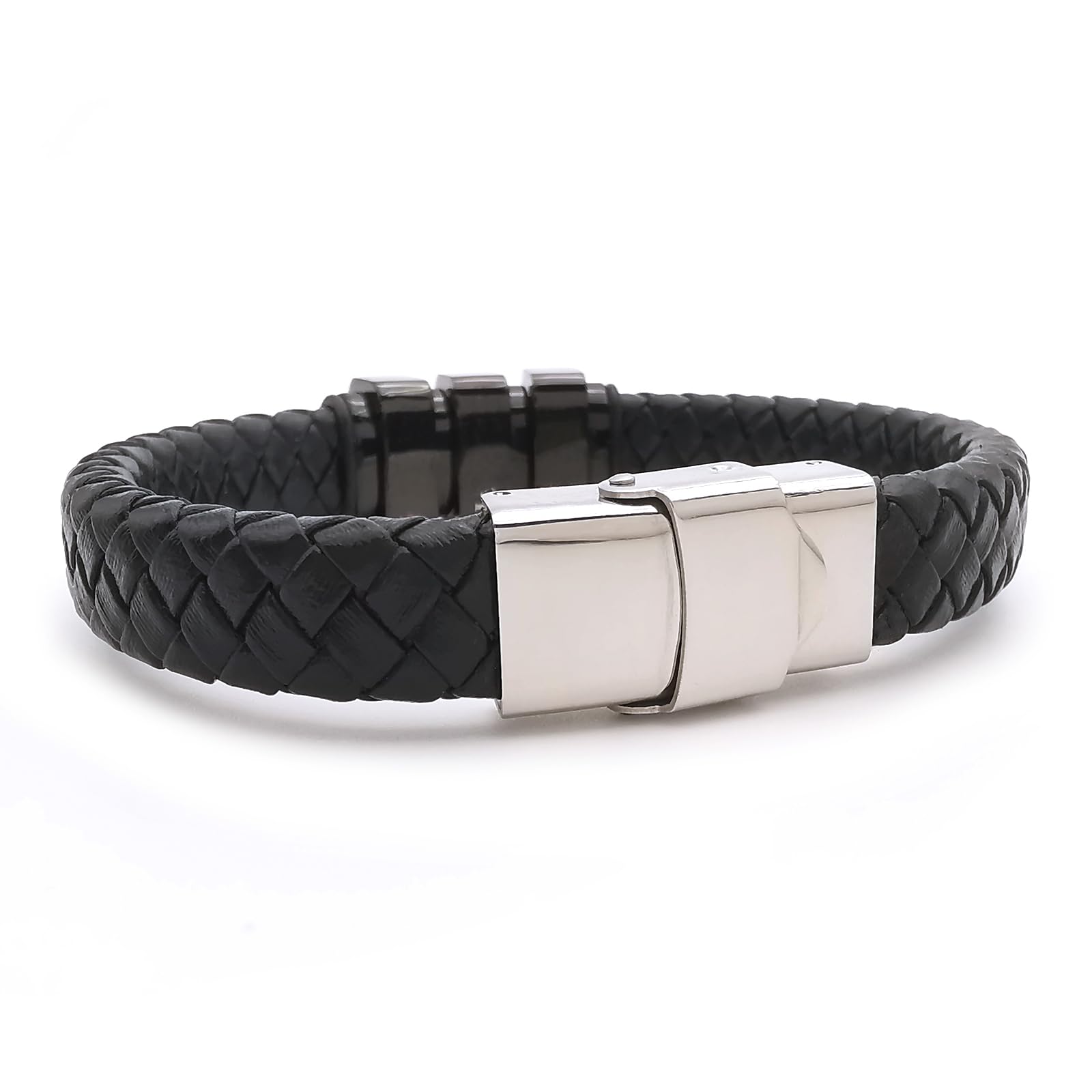 ALMENDRA Bracciale uomo personalizzato pelle festa del papà personalizzabile con incisione nomi figli acciaio nero simil pelle